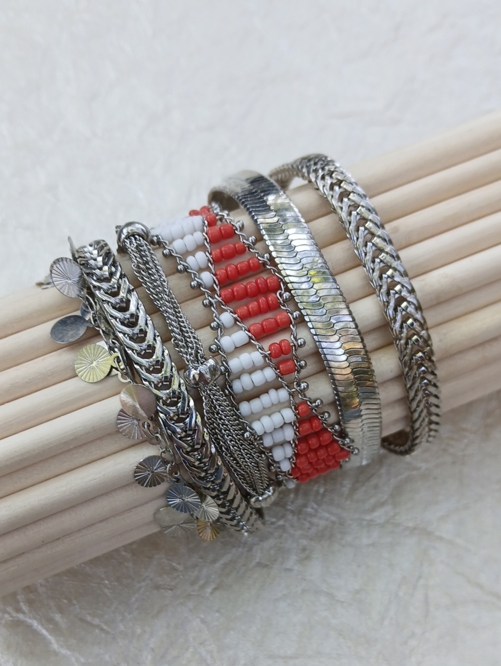 Hipanema Silver & Coral Beaded Chain Multi-Row Bracelet